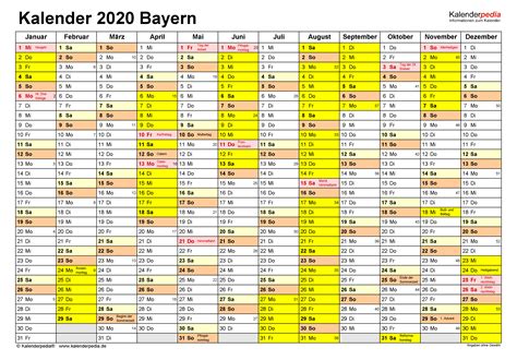 Kalender 2020 Bayern Ferien Feiertage Excel Vorlagen