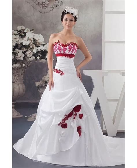 White And Red Flowers Taffeta Lace Color Wedding Dress Sweetheart