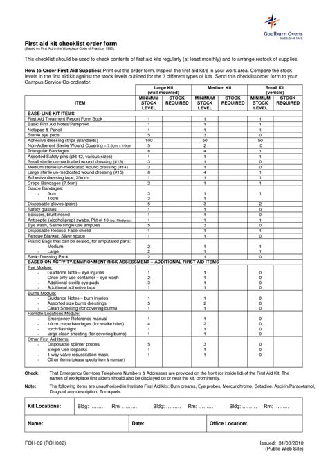 Printable First Aid Checklist Template Printable Templates