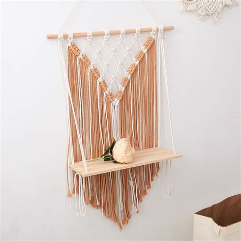 Hand Woven Macrame Tapestries Rack Wooden Shelves For Wall Etsy