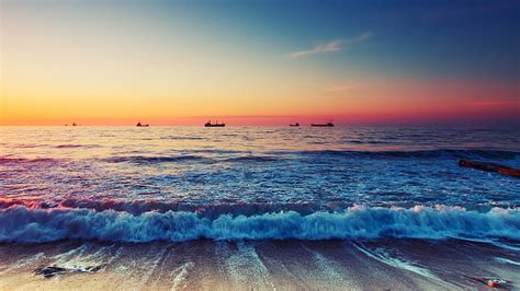 Hd Wallpaper Beach Shore Sun Sunrise Sea Horizon Ship Water Sky