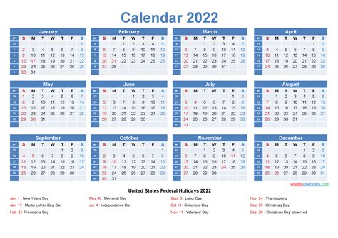 Printable Calendar 2022 Word
