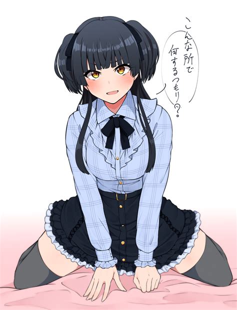 safebooru 1girl bangs bed sheet black hair black skirt blue shirt blunt bangs blush breasts