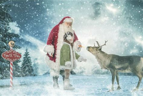 santa feeding reindeer in north pole rudolph christmas holiday digital background backdrop