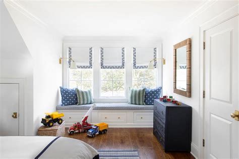 Kids Room Built In Window Seat With Gray Greek Key Roman Shades