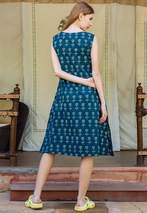 Block Printed Cotton A Line Dress In Teal Blue Tqm683