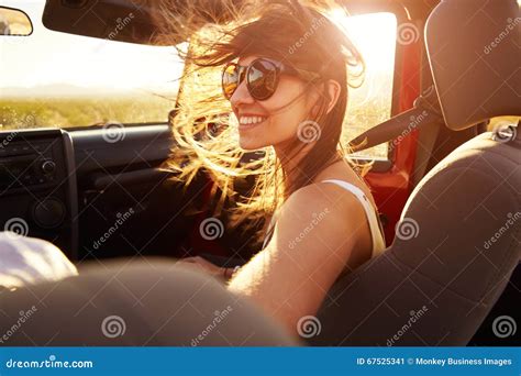 Woman Passenger On Road Trip In Convertible Car Stock Image Image Of