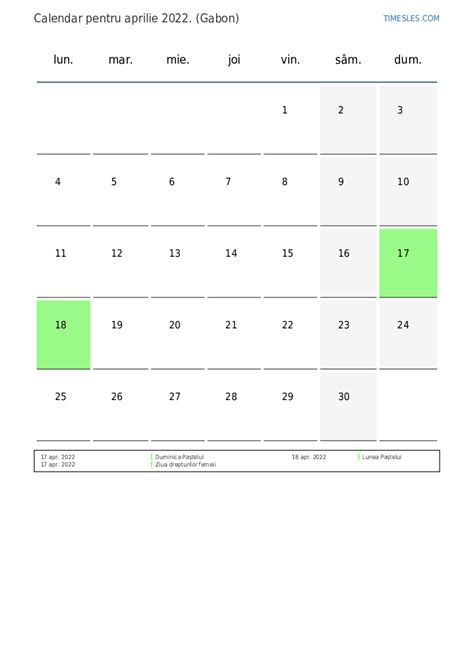 Calendar Aprilie 2022 Cu Sărbători în Gabon Imprimați și Descărcați