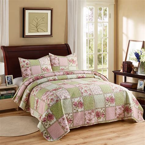 Pink Green Flowers Printed 3 Piece Quilt Bedding Set, Full/Queen Size Bedspread Lightweight ...
