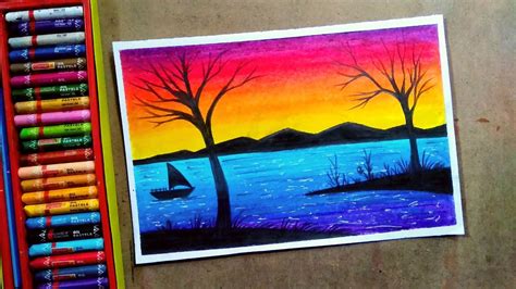 Romantic Landscape Sunset With Trees Drawing Step By Step Oil Pastel