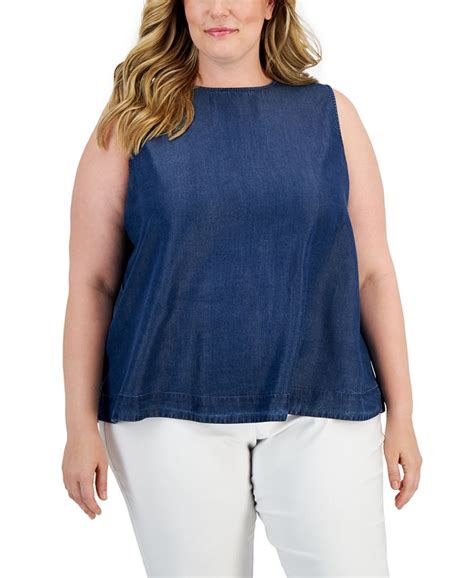 Anne Klein Plus Size Denim Trapeze Hem Bow Back Blouse Macys