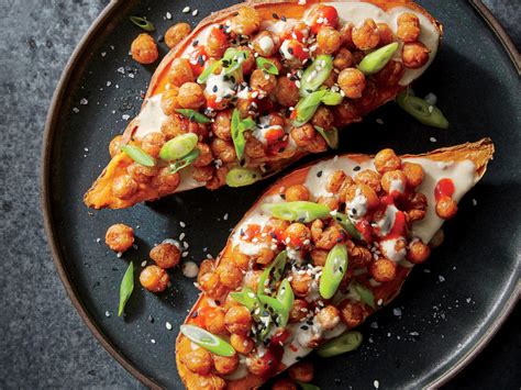 We like to roast the sweet potatoes ahead of time then rewarm them by flattening and crisping them in a skillet until lightly charred. Sesame-Ginger-Chickpea-Stuffed Sweet Potatoes ...