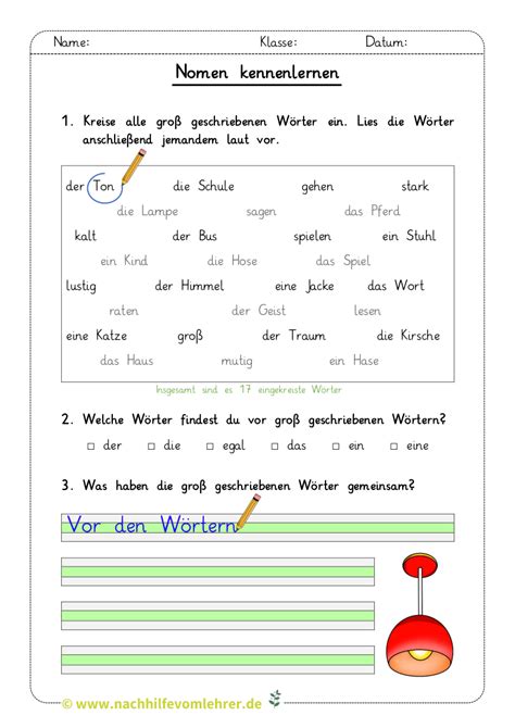 Nomen Artikelprobe Einführung Kostenloses Arbeitsblatt Für Kinder Grundschule Deutsch Klasse