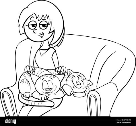 Cartoon Woman With Her Cats On The Armchair Coloring Page Stock Vector