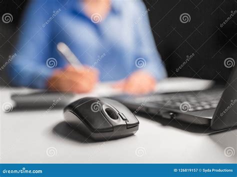 Computer Mouse On Table At Night Office Stock Image Image Of