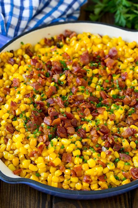 You can never go wrong when you serve corn as a side dish; Fried corn topped with bacon and chives in a pan. | Fried ...