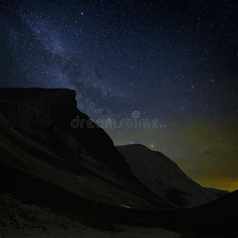 Night Starry Sky View Of The Milky Way In A Mountain Valley Stock