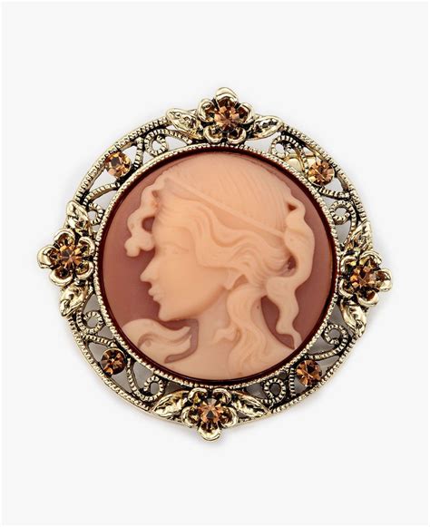 Gold Filigree Flower Rhinestone Victorian Lady Cameo Brooch Gold