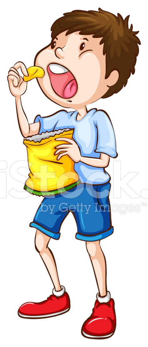 Simple Sketch Of A Boy Eating Chips Stock Vector