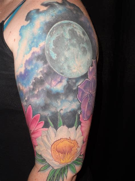 Flowers Moon And Night Sky Tattoo By Graydon Payne Rooster Down Tattoo
