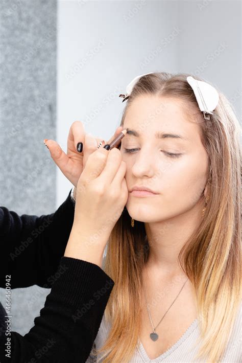 professional makeup artist applies makeup to a beautiful girl model the face of girl with clean