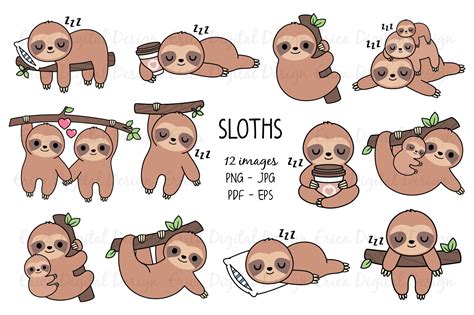 Sloths Clipart Set 12 Sloth Images And 12 Texts Bundle 520689 Illustrations Design Bundles