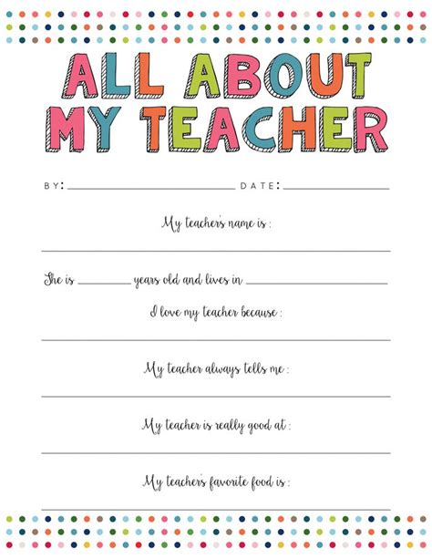 All About My Teacher Free Printable Teacher Printable Teacher