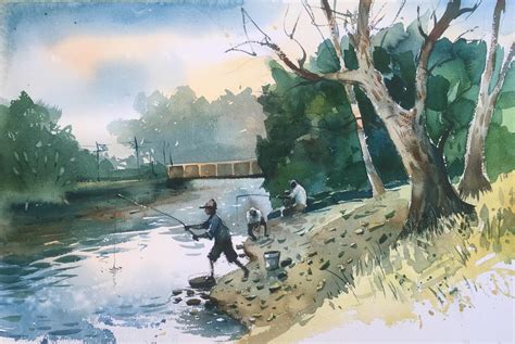 Watercolor paper is usually made from cotton rag and linters. Fishing, Watercolor on paper, Size 15 X 22 inches ...
