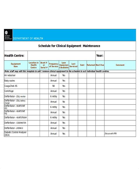 excel equipment maintenance schedule template printable templates