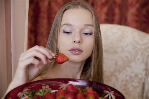 Wallpaper Face Model Pornstar Red Dress Strawberries Milena D