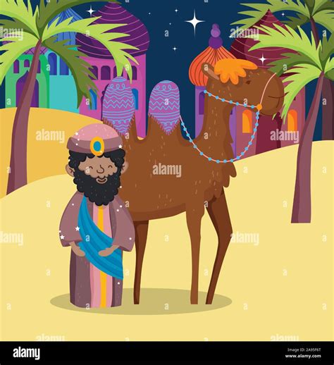 wise king and camel desert manger nativity, merry christmas vector