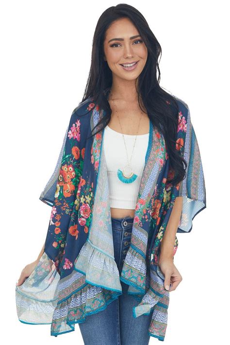 Navy Floral Short Sleeve Open Front Kimono In 2022 Floral Short Navy