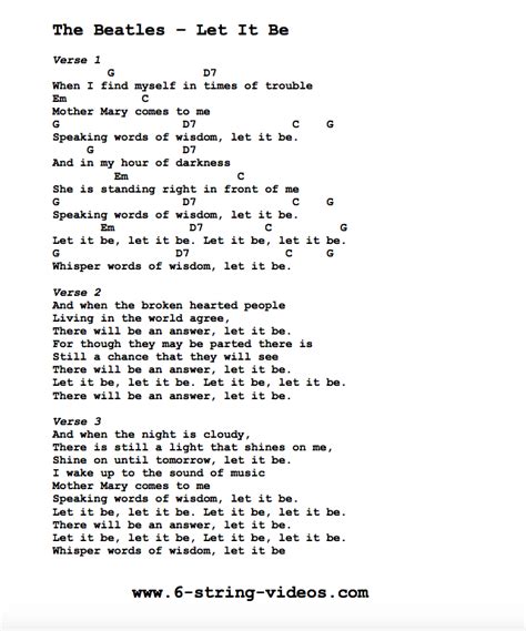 Guitar Tabs Lyrics And Chords For Let It Be By The Beatles