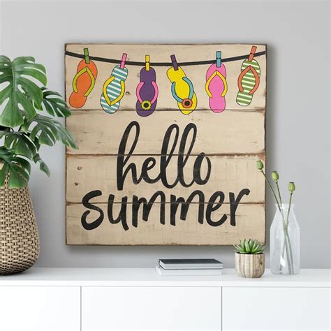 A Wooden Sign That Says Hello Summer Hanging On A Clothes Line