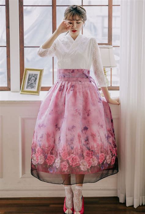 Modern Hanbok Skirt Pink Flower Garden Woman Female Korea Etsy In