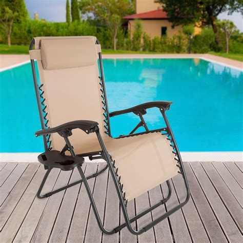 Zero Gravity Outdoor Reclining Foldable Lounge Chair With Pillow Headrest And Cup Holder For