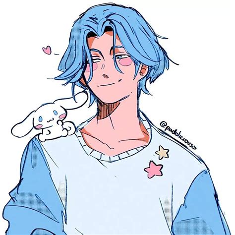A Drawing Of A Man With Blue Hair Holding A Stuffed Animal In His Arms