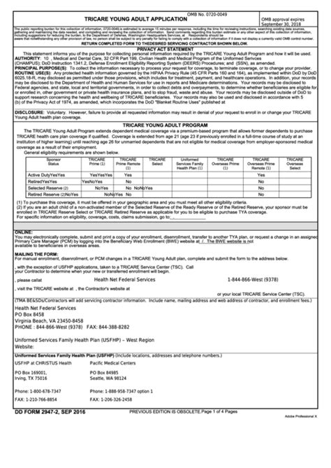 Fillable Dd Form 2947 2 Tricare Young Adult Application Printable Pdf