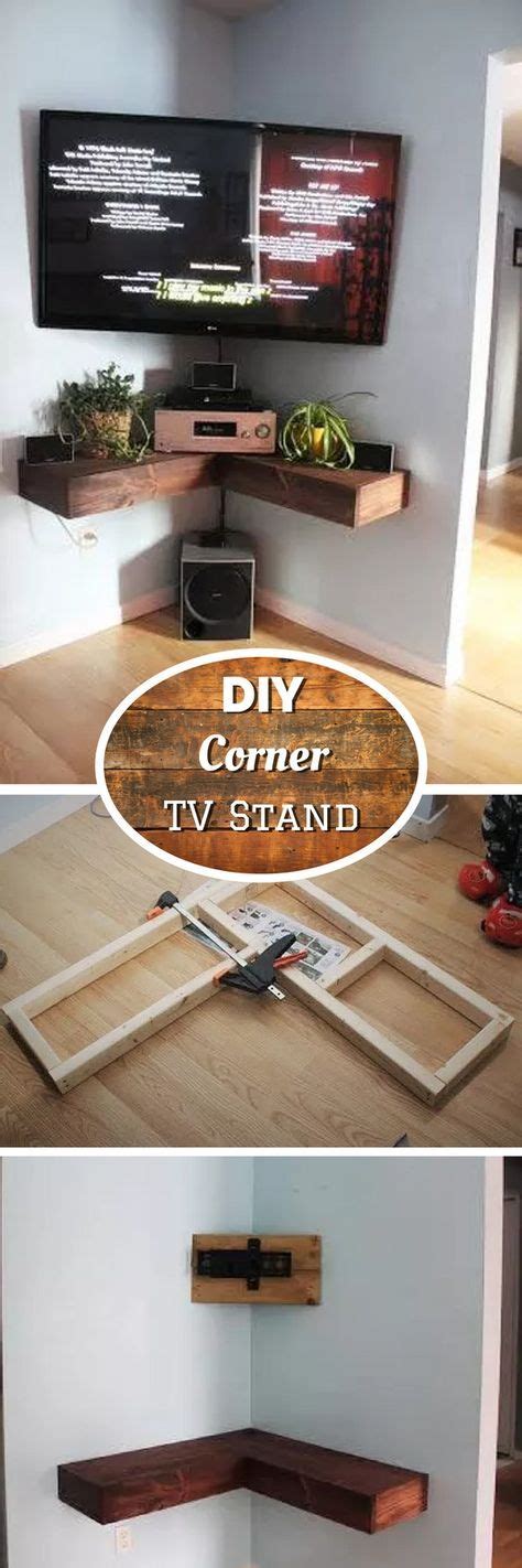 The Diy Corner Tv Stand Is Made Out Of Wood
