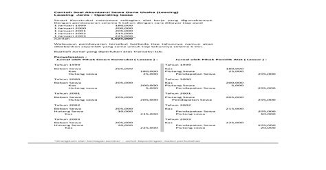 Tahukah kamu apa itu leasing, selama ini banyak perusahaan dan individu terbantu dengan adanya leasing. Leasing Jenis : Operating lease ?· Contoh Soal Akuntansi ...