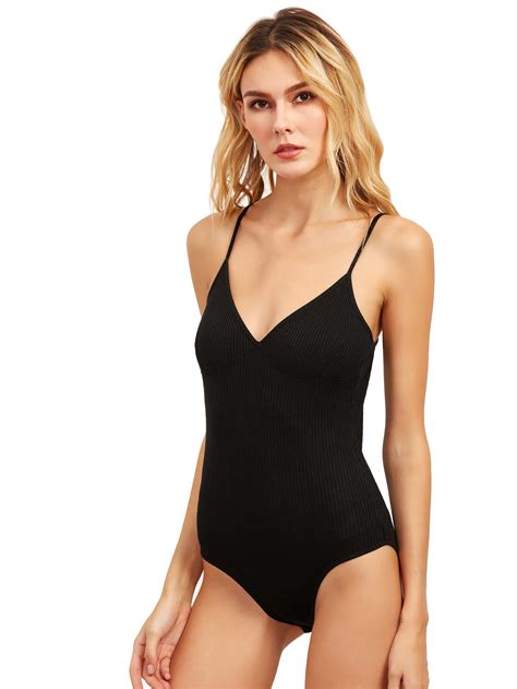 black spaghetti strap v neck bodysuit emmacloth women fast fashion online
