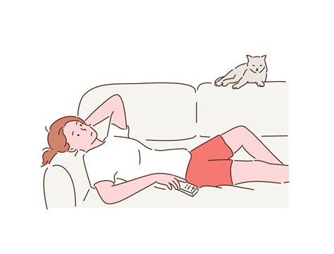 a woman is lying on the sofa holding a remote control in her hand and looking bored hand drawn