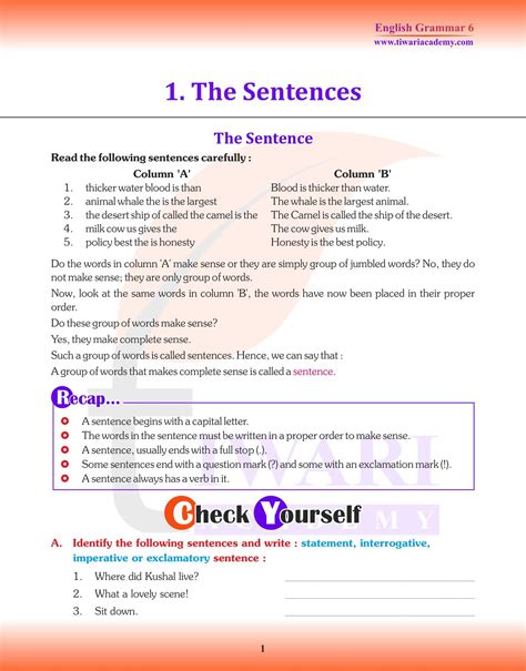 Class 6 English Grammar Chapter 1 The Sentence