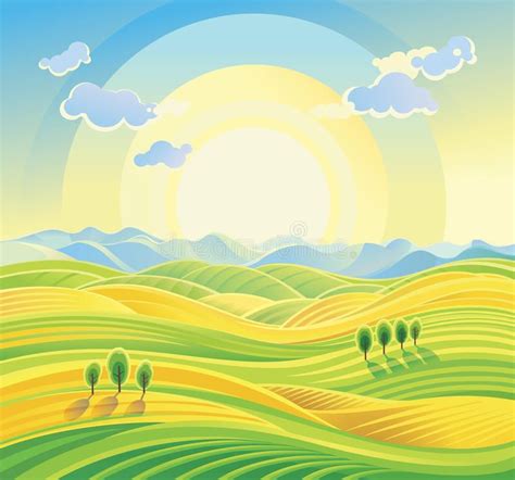 Sunny Rural Landscape With Rolling Hills And Fields Sunny Countryside
