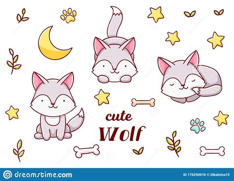 Set Cute Kawaii Hand Drawn Wolf Doodles Isolated On White Background Clipart Stock Vector