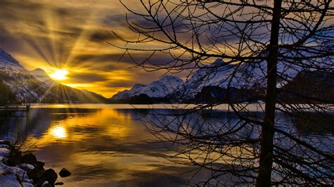 Switzerland Lake Mountain During Winter Sunset Hd Nature