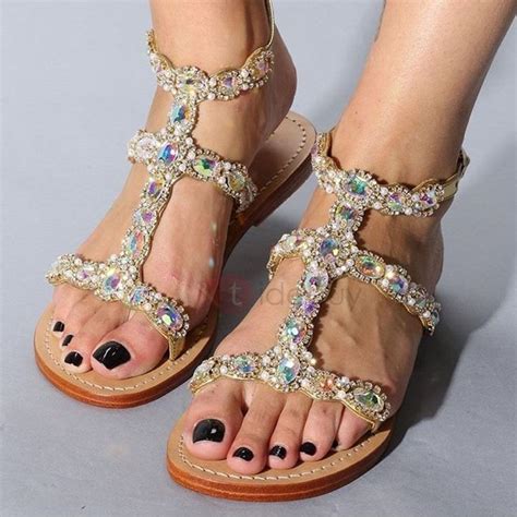 Pu Rhinestone Buckle Toe Ring Strappy Flat Sandals Mystique Sandals Jeweled Shoes Shop Sandals