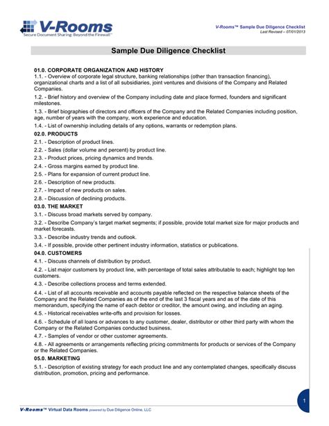 Sample Due Diligence Checklist The Document Template