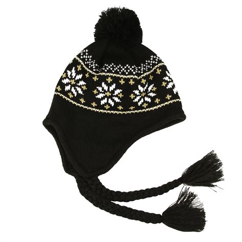 Unisex Black Jacquard Knit Winter Hat With Ear Flaps One Size