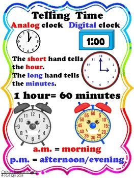 telling time hours  minutes poster english  immersion  math land